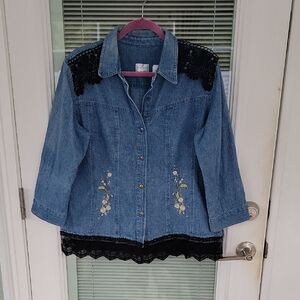 Emma James Denim Shacket Lace & Floral Embroidery Sz 14 Snap Buttons Vintage